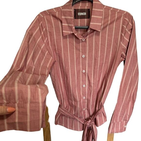 Reformation Dorsett Top Button Down Belted Waist Stripes Pink White Size Small - Picture 6 of 12